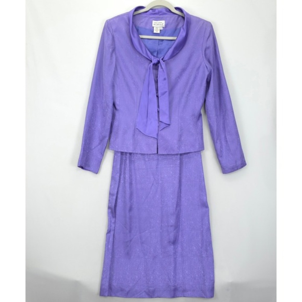 Adrianna Papell Silk Skirt Suit Set Purple Textured Tie Neck Career Wear VTG 90 - Picture 2 of 15